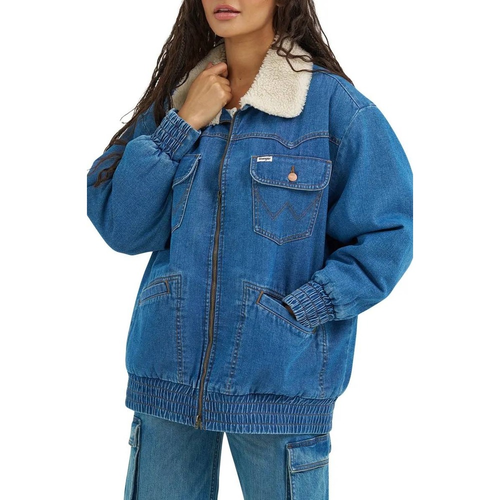 Wrangler Women Sherpa Lined Oversized Denim Bomber Jacket Blue Size M
